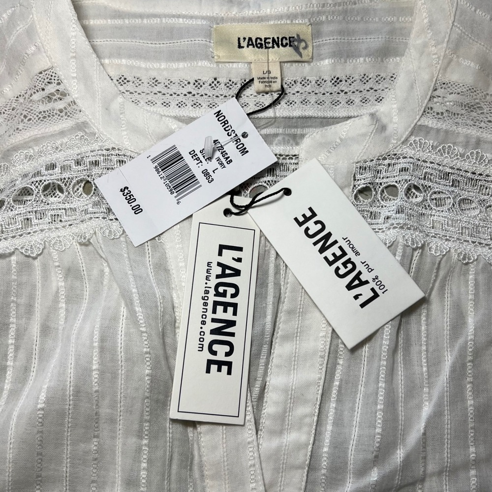L'AGENCE Kiera Lace Inset Button Down Blouse Balloon Sleeve Boho Top - Picture 7 of 12